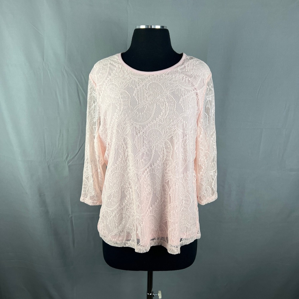 Tanjay Blouse Top Womens Large Light Pink Stretch Floral Lace Overlay 3/4 Sleeve